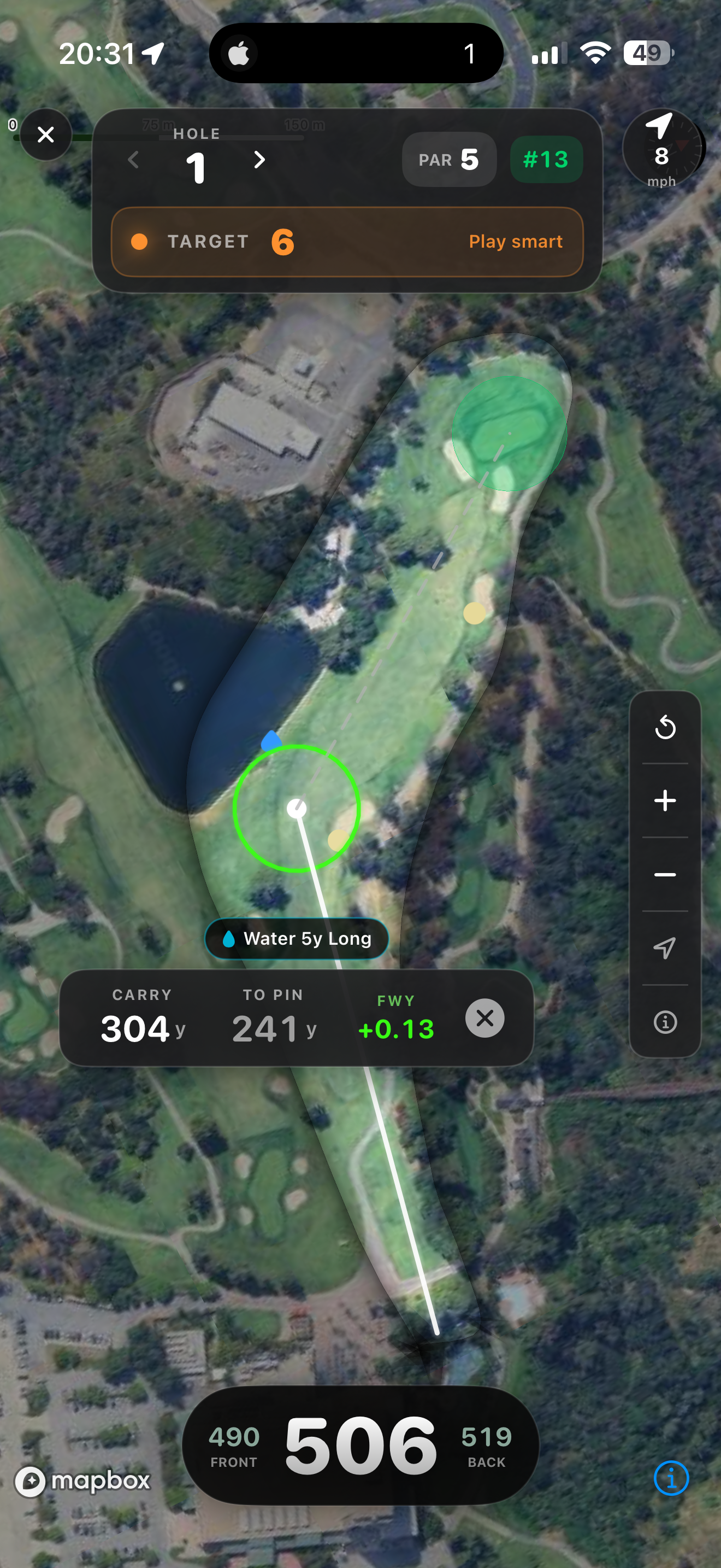 Golf GPS satellite map with distance overlay