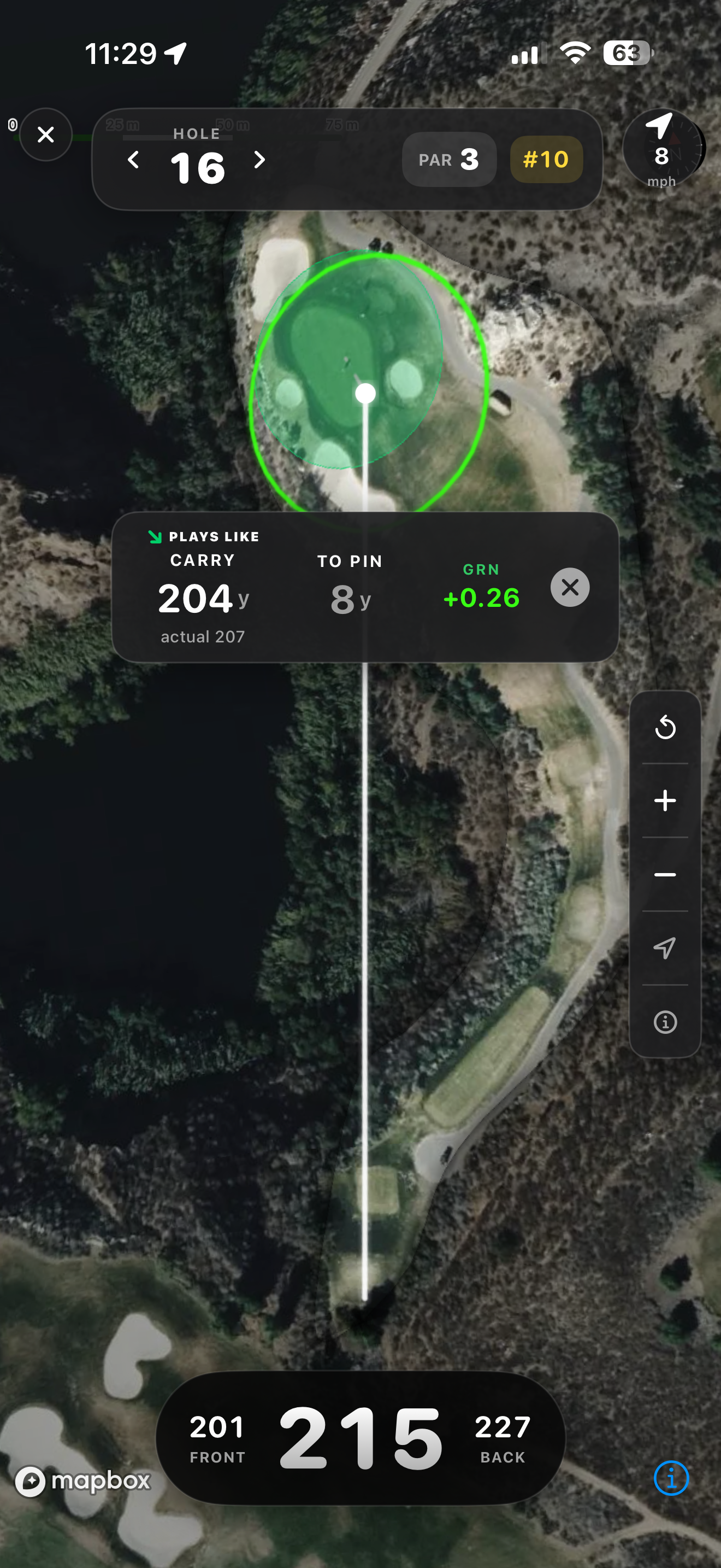 GPS view of a par 3 with distances to green