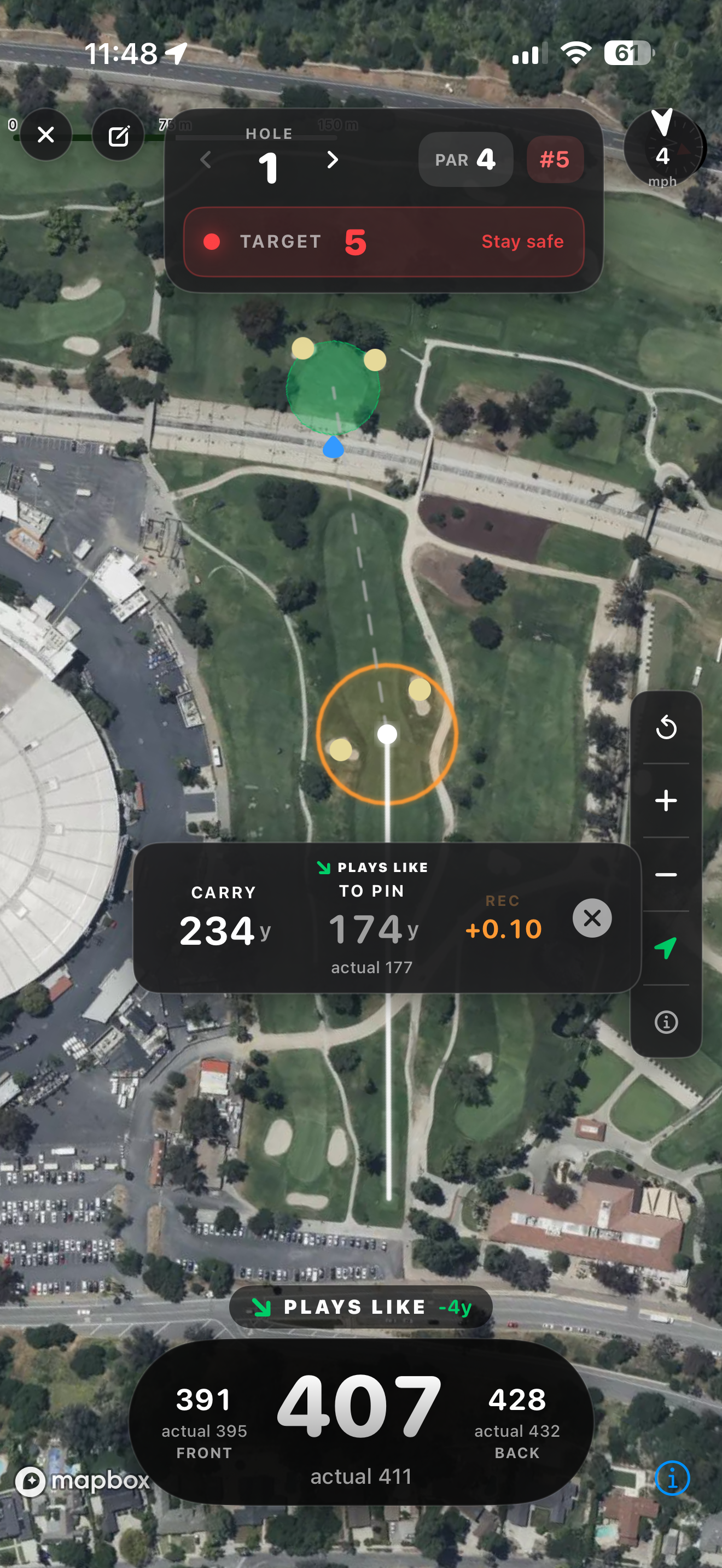 On-course GPS map with break target overlay and strategy guidance