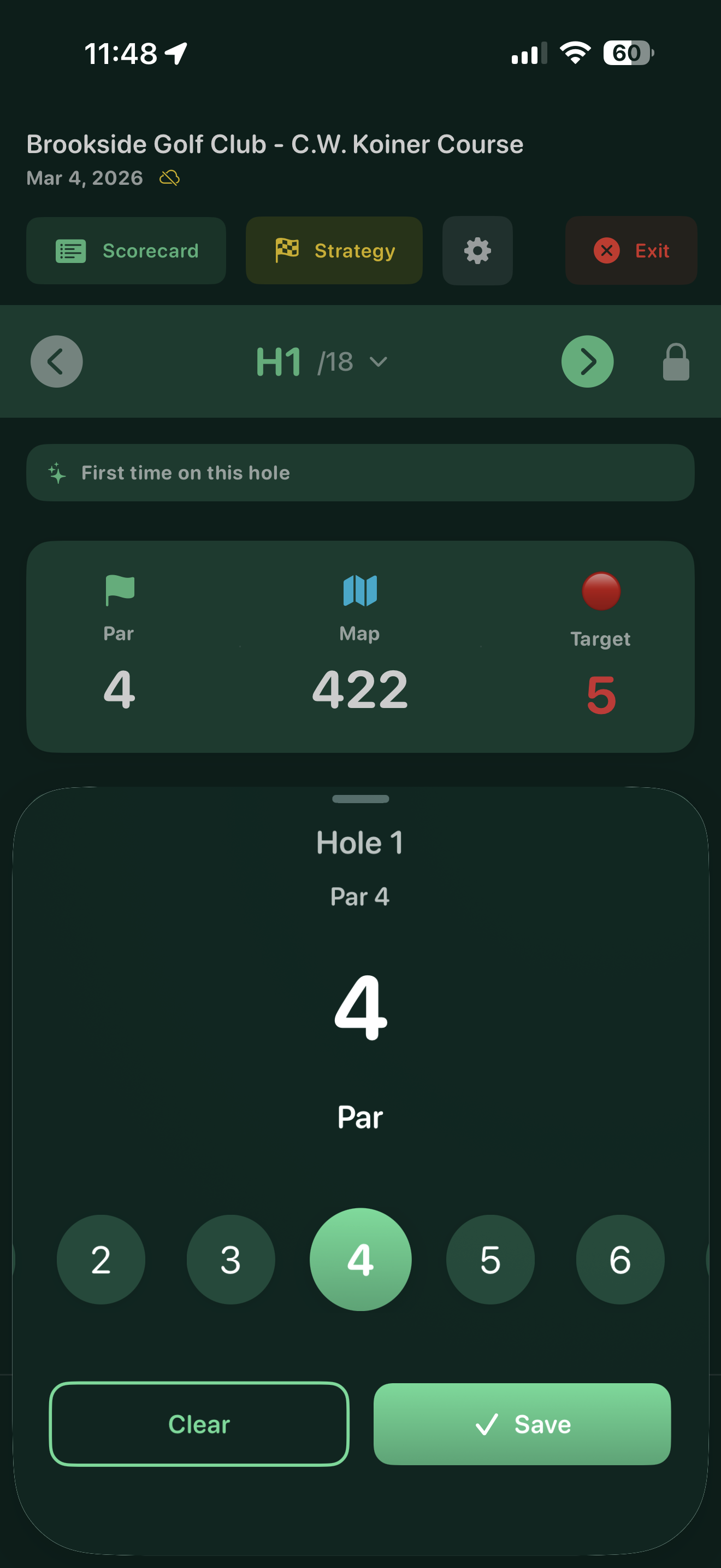 Score entry with par, map distance, and Break X target